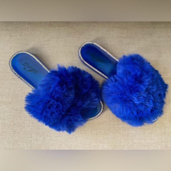 Super Jack Rhinestone Jelly Slide- On’s - Royal Blue - Faux Feather/ Size 10 - Picture 6 of 8